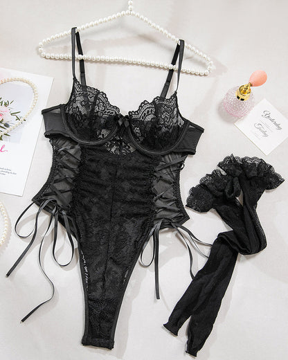 Ameline™ | Transparante Kanten Body met Bloemendessin en Strikdetail