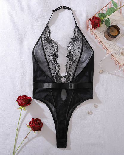 Romy™ | Midnight Kantbodysuit met Diepe V-hals