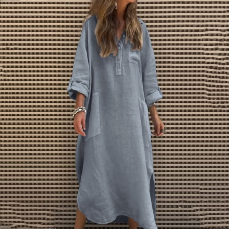 Klara™ | Effen Langer Jurk met Lange Mouwen